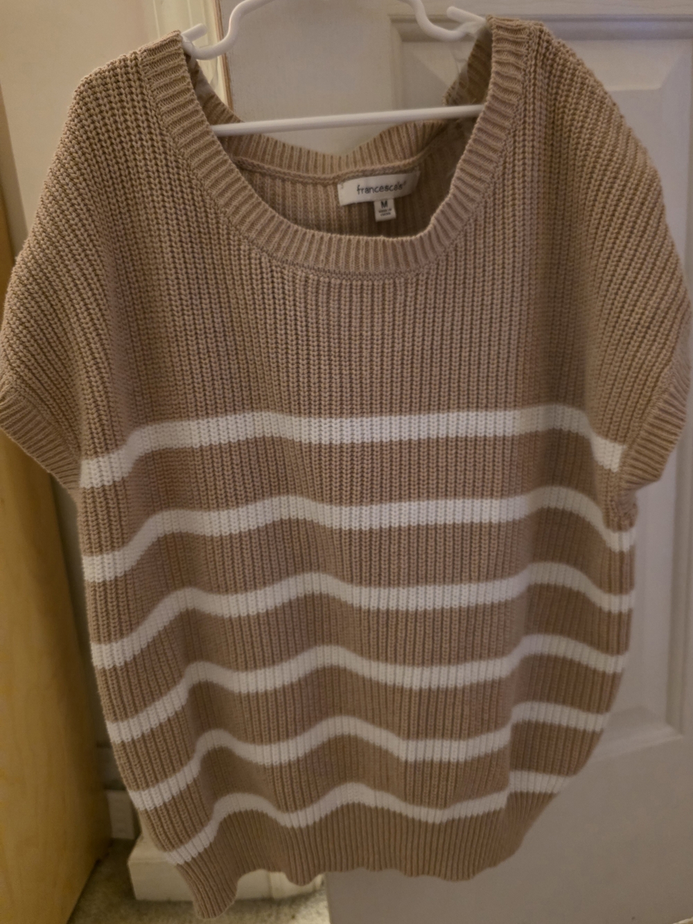 Francesca's Collections Taupe & White Striped Crewneck Sweater